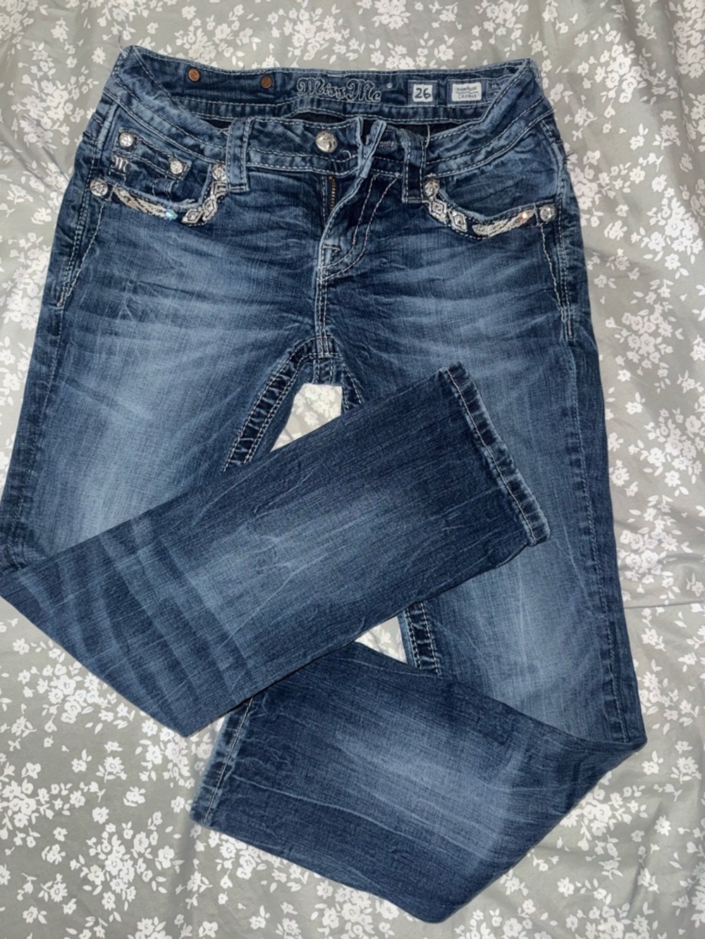 Miss Me Skinny Jeans in Dark Blue Denim with Embellished Pockets
